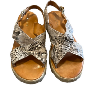 SELFIE Faux Snakeskin Vegan Low Wedge Sandal Criss Cross Straps, Size 36 (5.5)